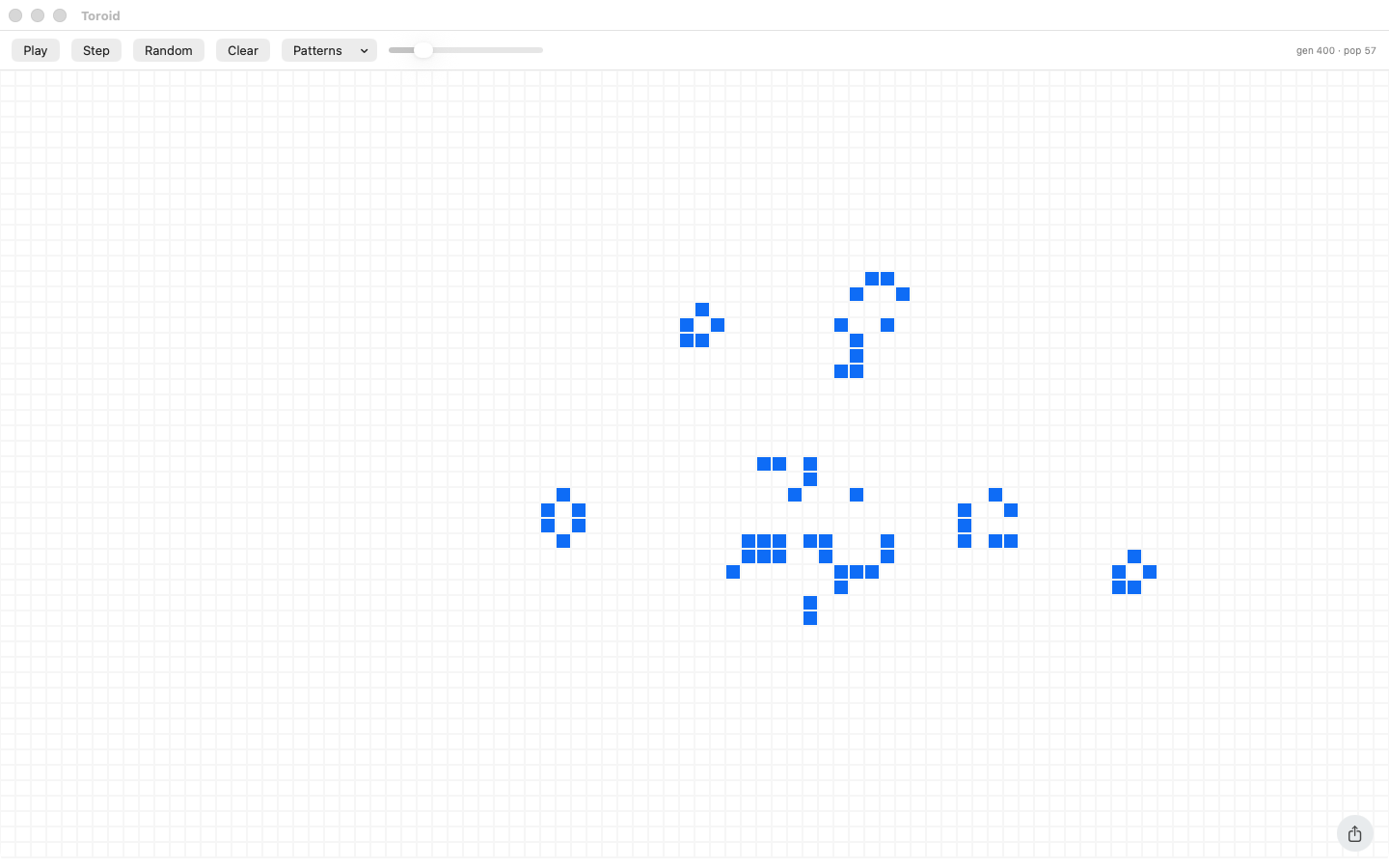 Toroid on Mac, an R-pentomino after 400 generations