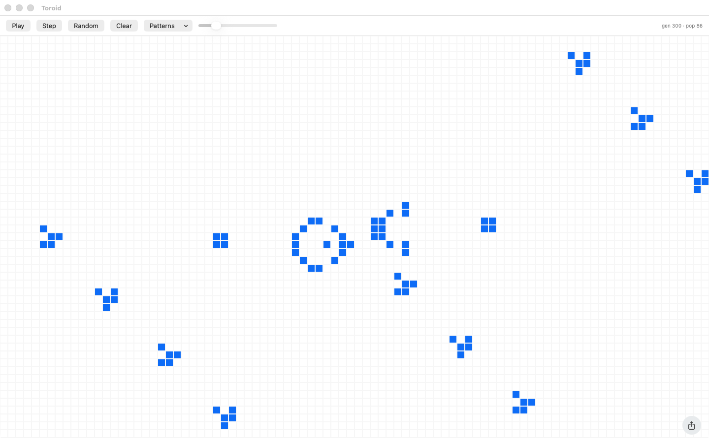 Toroid on Mac, a Gosper gun firing gliders